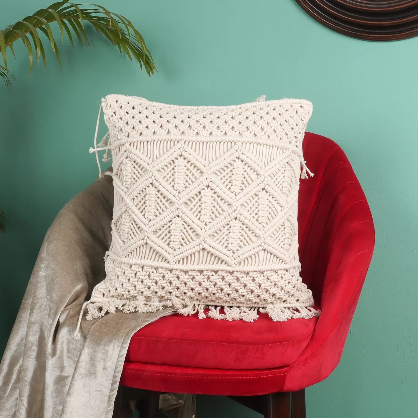 Hand Made Macrame Cushion With Cover 16 x 16 inches - Leechoo